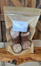 Packaged product with a label on a wooden surface